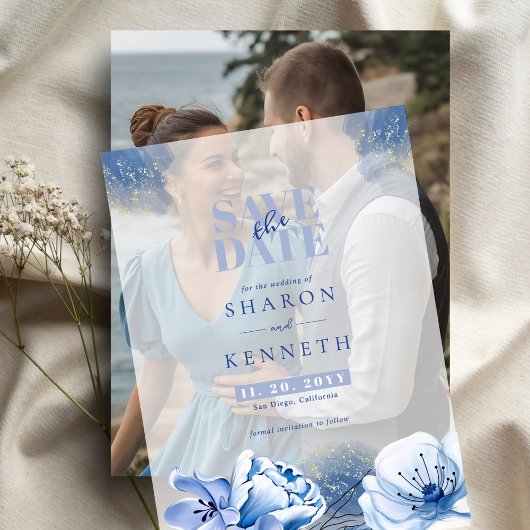 Stof Blauw & Goud Glitter Bruiloft Save The Date Vellum Uitnodigingen
