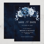 Stof blauw leisteen marine florale botanische trou save the date (Voorkant / Achterkant)