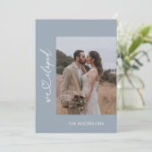 Stof blauw we zijn gevlucht 2 foto script bruiloft bedankkaart (Staand voorkant)