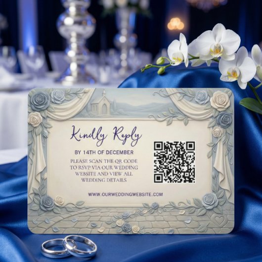 Stof blauwe roos QR-code bruiloft RSVP Kaartje