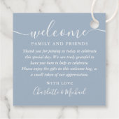 Stof blauwe script bruiloft welkom cadeaubasket ta bedankjes labels (Achterkant)