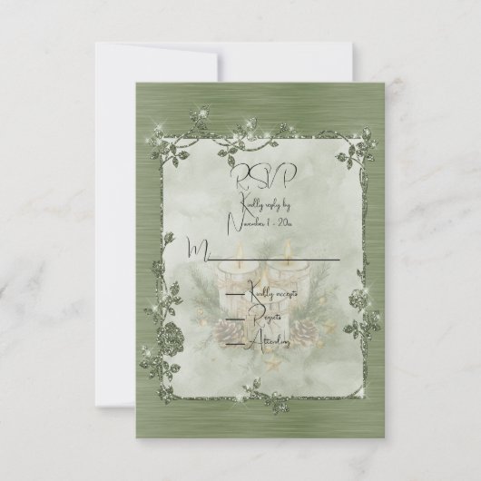 Stof Groen Glanzend Elegant Glitterend Frame RSVP Kaartje (Voorkant)