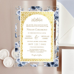 Stof met blauwe bloemen en goud patroon Moslim bru Acryl Uitnodigingen