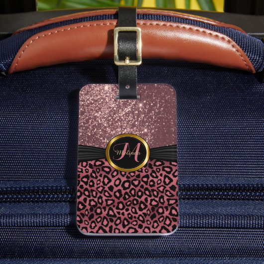 Stof Roos Leopard Skin and Glitter Monogram Bagagelabel (Voorkant Insitu 2)