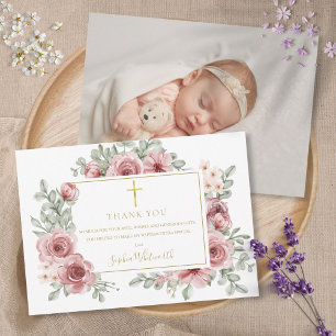 Stof Roze Bloem Gouden Doop Christening Foto Bedankkaart
