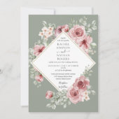 Stof Roze Bloemige Salie Groene Trouwfoto Kaart (Voorkant)