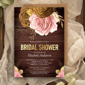 Stof Roze Roos Aardse Bloemige Houten Bruidsdouche Kaart