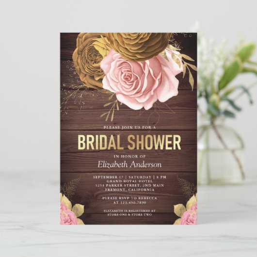 Stof Roze Roos Aardse Bloemige Houten Bruidsdouche Kaart (Staand voorkant)