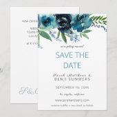 Stofblauw 2 Bloemige Bewaar / Wijzig de datum 3 Gr Kaart (Voorkant / Achterkant)