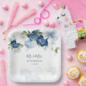 Stofblauw bloemengebladerte Mr en Mrs Bruiloft Papieren Bordje (Feest)