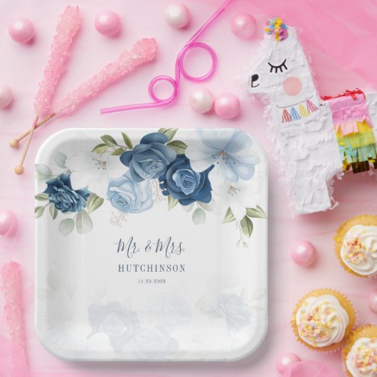 Stofblauw bloemengebladerte Mr en Mrs Bruiloft Papieren Bordje (Feest)