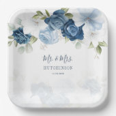 Stofblauw bloemengebladerte Mr en Mrs Bruiloft Papieren Bordje (Voorkant)