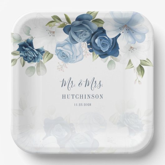 Stofblauw bloemengebladerte Mr en Mrs Bruiloft Papieren Bordje (Voorkant)