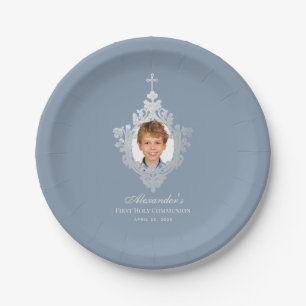 Stofblauw Eerste Communie jongen foto nep zilver Papieren Bordje