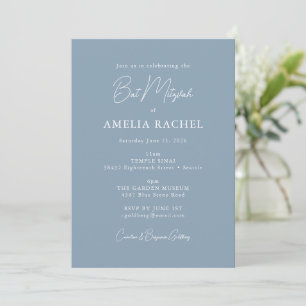 Stofblauw Elegante Bat Mitzvah Moderne Script Chic Kaart