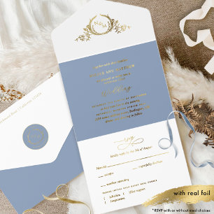 Stofblauw en echt goudkleurig folie monogram trouw all in one uitnodiging