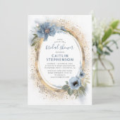 Stofblauw en gouden glinsterend bloemend bruidsdou kaart (Staand voorkant)