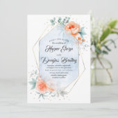 Stofblauw en levend koraal bloemige moderne trouwd kaart (Staand voorkant)