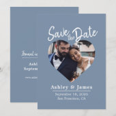 Stofblauw Foto Moderne Script Bewaar de Datum Save The Date (Voorkant / Achterkant)