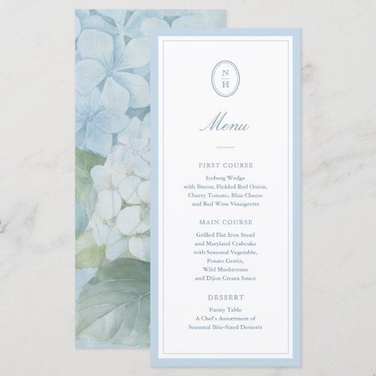 Stofblauw Hydrangea Monogram Trouwkaart Menu (Voorkant / Achterkant)