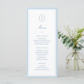 Stofblauw Hydrangea Monogram Trouwkaart Menu (Staand voorkant)