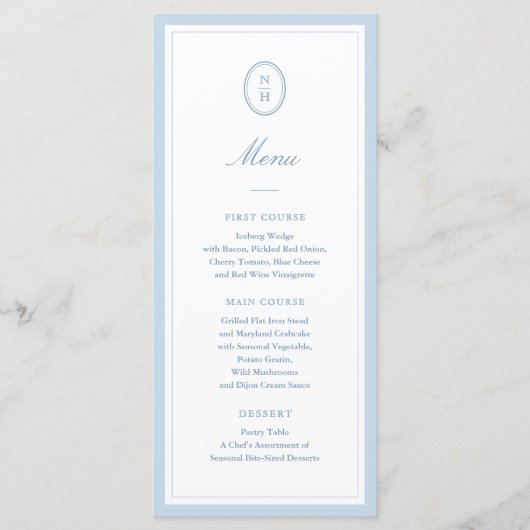 Stofblauw Hydrangea Monogram Trouwkaart Menu (Voorkant)