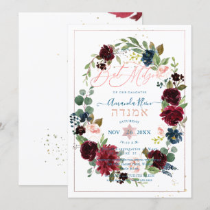 Stofblauw + Koraal Aquarel Bloemen Bat Mitzvah In Kaart