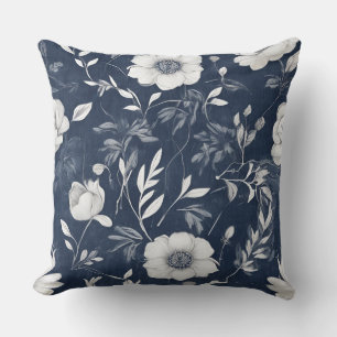 Stofblauw Marineblauw Wit Bloemmotief Kussen