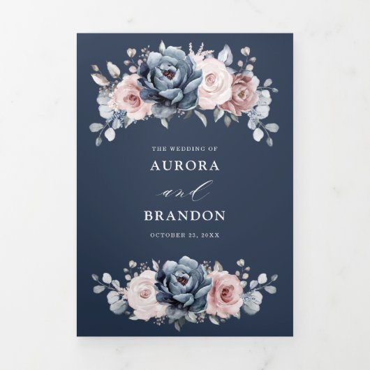 Stofblauw mauve roze leisteen bloemige bruiloft T Drieluik Aankondiging (Cover)