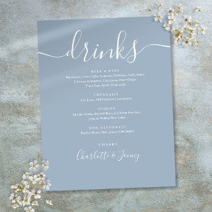 Stofblauw modern script huwelijksdrankenmenu flyer