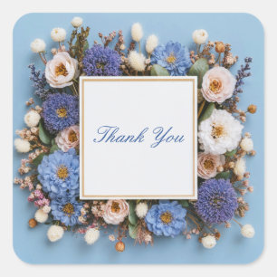 Stofblauw Paars Gedroogde Bloemen Rustieke Gouden Vierkante Sticker
