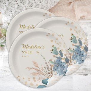 Stofblauw Witte Bloemstuk Gouden Glitter Sweet 16 Papieren Bordje