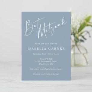 Stofblauw Witte Script Moderne Bat Mitzvah Meisje Kaart