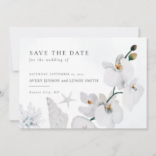 Stofblauw Zeeschelp Witte Orchidee Strand Save The Date