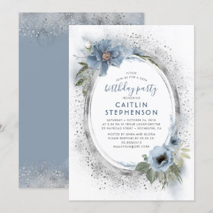 Stofblauw Zilveren Glitter Bloemige Verjaardagsfee Kaart
