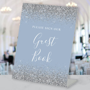 Stofblauw zilveren glitter bruiloft gast boek reclamebord met voetstuk