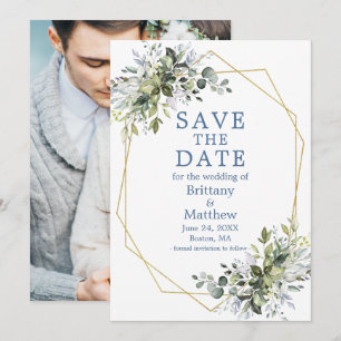 Stofblauwe Aquarel Groene Geo Frame Foto Save The Date