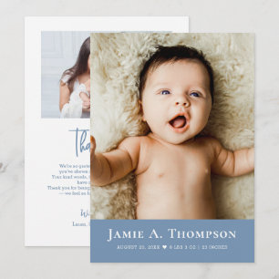 Stofblauwe Baby Foto Bedankt Hart Modern Geboorte Aankondiging