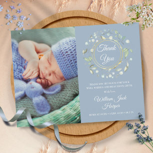 Stofblauwe babyfoto bloemige bedankkaart geboorte aankondigingskaart