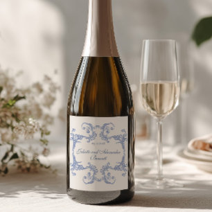 Stofblauwe Barokke Trouw Champagne Fles Label Sparkling Wijnetiket