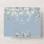 Stofblauwe bloemenslingerlichten QR-code bruiloft All In One Uitnodiging (Achterkant)