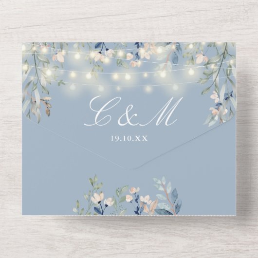 Stofblauwe bloemenslingerlichten QR-code bruiloft All In One Uitnodiging (Achterkant)