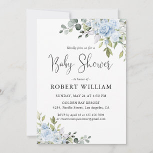 Stofblauwe Bloemige Eucalyptus Baby Shower Uitnodi Kaart