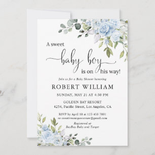 Stofblauwe bloemige Eucalyptus babyshower uitnodig Kaart