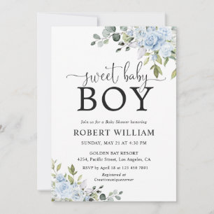Stofblauwe bloemige Eucalyptus babyshower uitnodig Kaart