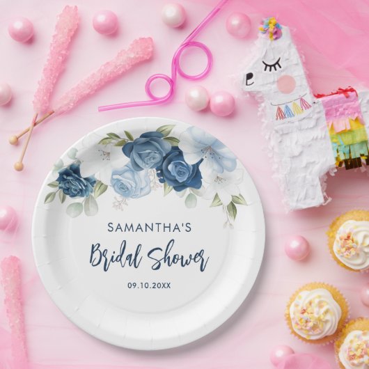 Stofblauwe bloemrijke script bruiloft feest papieren bordje (Feest)