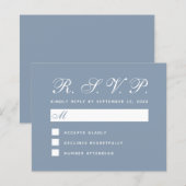 Stofblauwe Budget RSVP Eenvoudige Witte Scriptkaar (Voorkant / Achterkant)