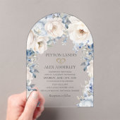 Stofblauwe Crème Witte Bloem Gouden Boog Bruiloft Acryl Uitnodigingen (Insitu (Draagbaar))