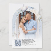 Stofblauwe en Witte Bloemencode met QR-code Trouwf Kaart (Achterkant)