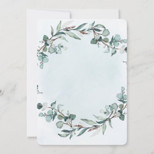 Stofblauwe Eucalyptus Groene Bruiloftsborrel Kaart (Achterkant)